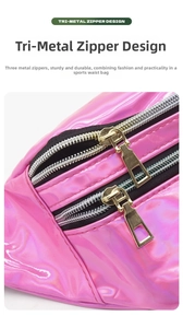 Detail of holographic pink waist bag featuring premium triple metal zipper design and texture