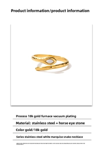 Detail view of 18K gold plated stainless steel snake ring with marquise white stone