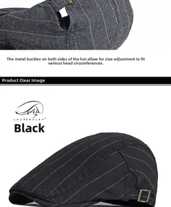Détail de la boucle réglable en bronze sur la casquette plate à rayures noires