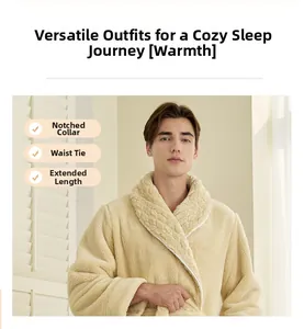 Detail of warm beige coral fleece bathrobe featuring a shawl collar and waist belt