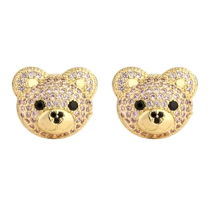 Sparkling gold-plated teddy bear earrings with pink cubic zirconia micro-pave setting