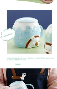Close-up of ceramic hamster igloo hideout with polar bear relief and removable lid