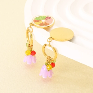 Fashionable stainless steel lemon fruit drop earrings with colorful beads and purple flower