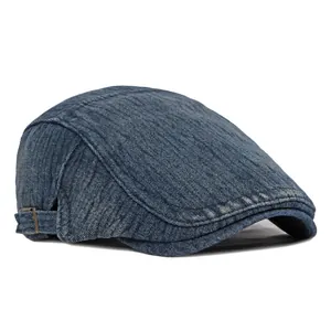 Berretto piatto vintage in denim lavato blu navy con calda fodera in pile