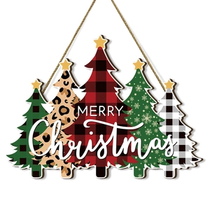 Wooden Merry Christmas door sign with five patterned trees and rustic twine hanger