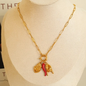 Stainless Steel Paperclip Chain Necklace With Red Enamel Chili Heart And Horn Hand Pendants Retro Fashion Jewelry For Women