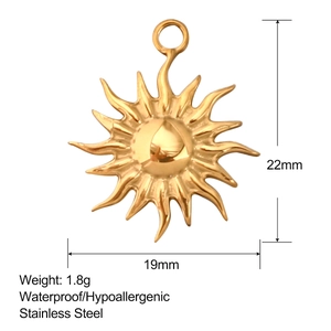 Detail view of 22mm gold sunburst pendant with size specifications and weight info