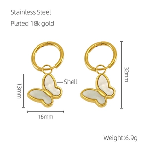 Detail of 18k gold plated stainless steel butterfly earrings with shell inlay and sizes