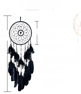 Macro view of handmade black dream catcher with cat's eye cone and natural feathers