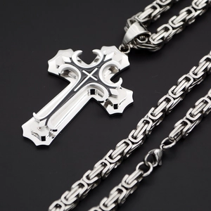 Polished silver stainless steel double layered cross pendant with Byzantine chain for men
