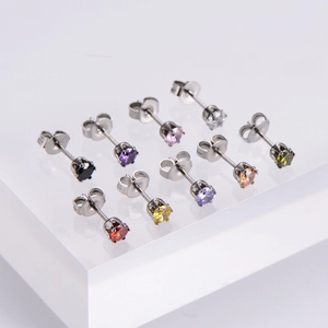 Classic set of 9 pairs colorful round zircon stud earrings in various bright shades