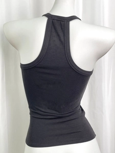 Detail view of dark grey ribbed knit racerback tank top on a female mannequin back