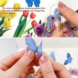 Detail showing how to peel the backing from a transparent butterfly PET flower sticker