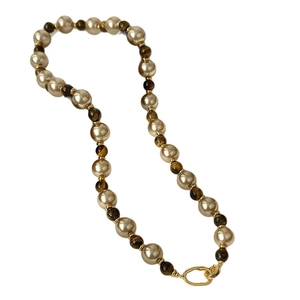 18K gold plated tiger eye and pearl beaded necklace with an irregular golden clasp