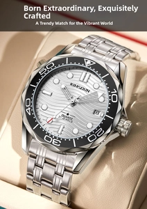 Detail of quartz watch with white wave pattern dial and silver stainless steel strap