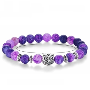 Purple and blue striped agate beaded bracelet with owl charm and sizing details