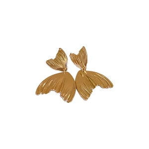 Elegant gold fishtail drop earrings with textured pleated metal details for women