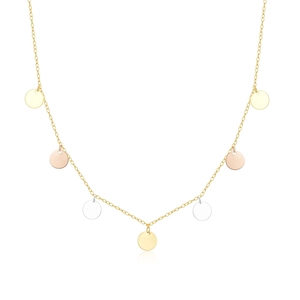 Elegant S925 sterling silver necklace with shiny gold, silver and rose gold disc pendants