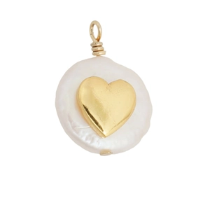 Natural freshwater pearl pendant with gold heart inlay and loop on white background
