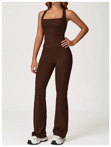Detail of dark brown yoga set featuring square neck tank top and flared leggings