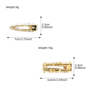 Acrylic leopard print hair clips in teardrop and rectangular shapes with dimensions