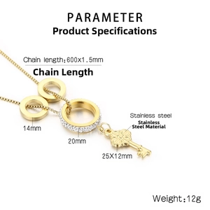 Detailed specs of stainless steel gold necklace with sparkling crystals and key pendant