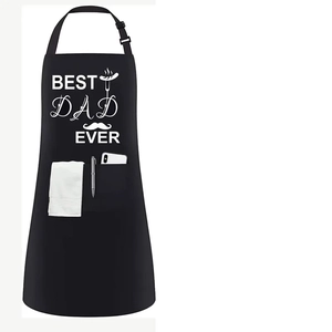 Detail of black Best Dad Ever apron featuring adjustable neck strap and large front pocket