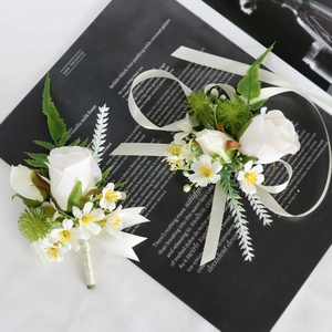 White Artificial Rose Wedding Boutonniere And Wrist Corsage Forest Style Satin Flower For Groom Bride Prom