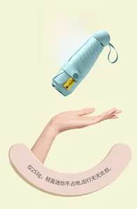 Light blue ultra-light five-fold capsule umbrella with UPF50+ protection weighing 253g