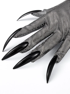 Detailed macro view of long black plastic claws on silver mesh cosplay gloves