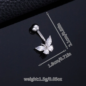 Macro shot of silver butterfly belly ring with cubic zirconia and size dimensions