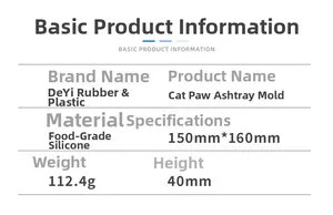 Detailed specifications for cat claw ashtray silicone mold with dimensions and weight