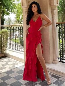 Robe Maxi Sexy À Bretelles Spaghetti Pour Femmes Col En V Dos Nu Fente Latérale Décoration De Volants Polyester Élasthanne Coupe Ajustée Soirée