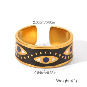 Detailed size chart of open gold heart ring with blue and black evil eye enamel pattern
