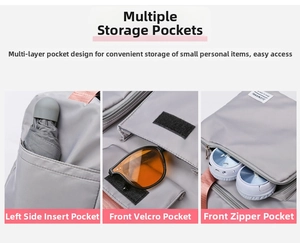 Detail of fitness bag showing umbrella side pocket, glasses pouch and headphone zip compartment