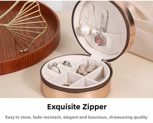 Detailed interior of a round PU leather jewelry box showing necklace hooks and ring slots