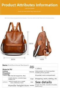 Detailed size chart and multi-angle views of the vintage soft leather brown backpack