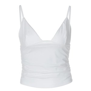 Detail view of white V-neck camisole featuring delicate straps and gathered waist pleats