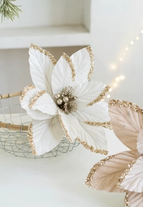 Detail of 30cm white velvet poinsettia with gold glitter edges for Christmas tree decor