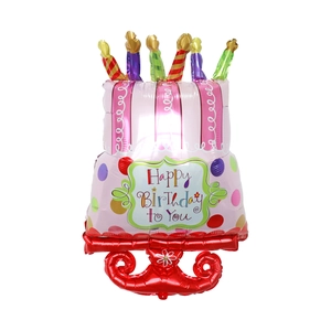 Pink birthday cake shaped foil balloon with candles and Happy Birthday text