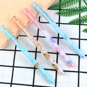 Close-up of colorful bullet pencils featuring cute cartoon bears and Lucky text patterns