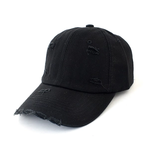 Vintage black distressed baseball cap with ripped holes and adjustable cotton strap back