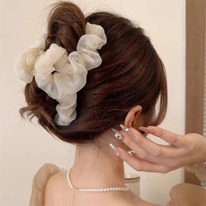 Elegant white mesh pleated shark hair claw clip for women stylish hair accessories