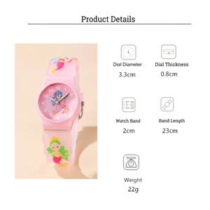 Detailed view of pink mermaid kids watch dimensions with 3D strap patterns and dial numbers