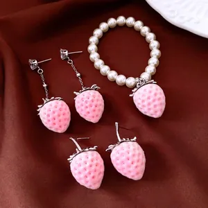 Sweet Flocked Strawberry Zirconia Earrings And Bracelet Artificial Pearl Alloy Jewelry For Women Party Daily Accessories