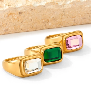 Minimalist gold stainless steel rings with green, white, and pink rectangular gemstones