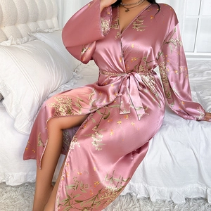 Elegant pink floral silk satin long bathrobe for women with tie-waist and v-neck design