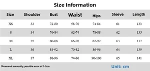 Detailed size chart for long sleeve bodysuit showing measurements from XS to XL in centimeters