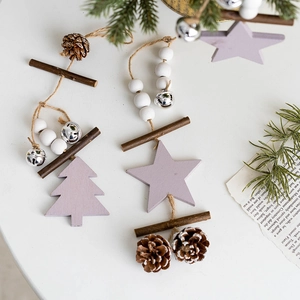 Nordic wooden Christmas hanging ornaments with purple star and tree shapes and bells