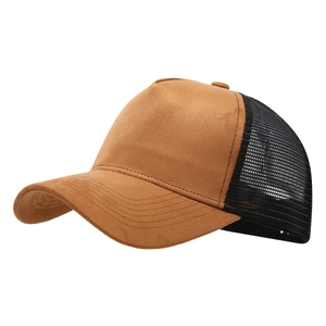 Brown suede and black mesh trucker hat with curved brim in a classic 45-degree side view